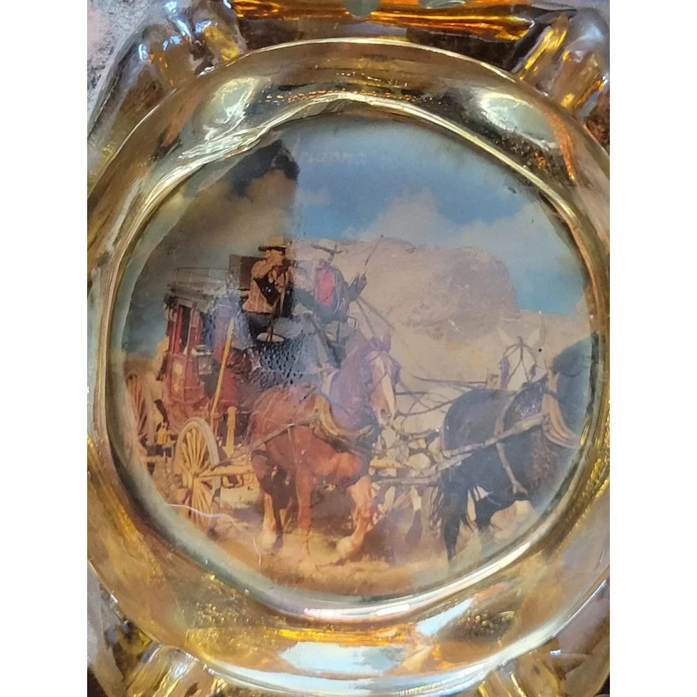 Vtg Owl Lucite & Petrified Wood w/ Amber Color Glass Ashtray Insert On Tray🦉